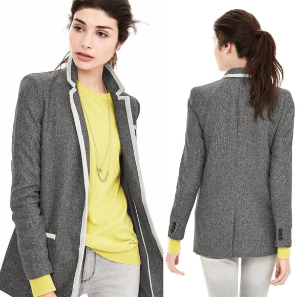 Banana Republic Long Wool blend Hack-ing Jacket in Piped Grey - Size 4 - Picture 1 of 15